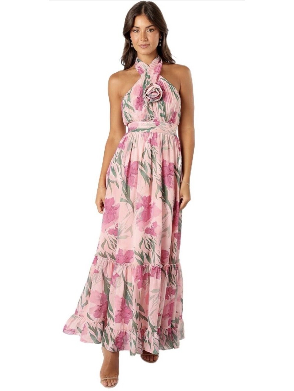 Petal & Pup Lennon Halterneck Maxi Dress Size M Pink Floral NWT